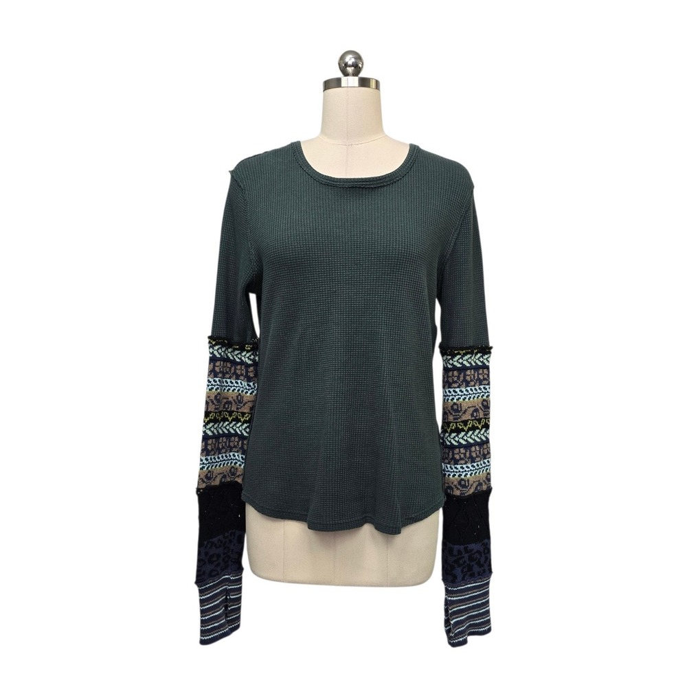 We The Free Green Waffle Knit Thermal Top Mixed Pattern Contrast Sleeves Large
